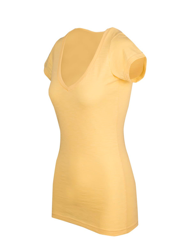 A yellow women's raw cotton V-neck T-shirt with short sleeves and a fitted design. It features a logo.