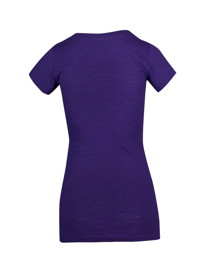 A purple raw cotton women's V-neck T-shirt with a fitted design, featuring short sleeves and no visible branding.