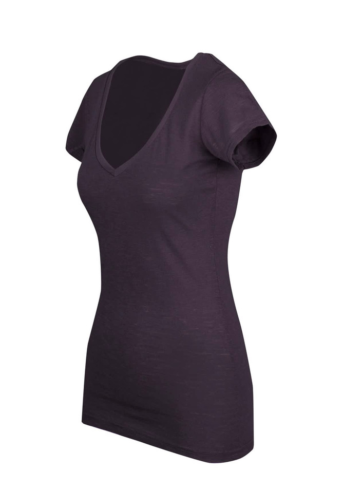A black women's raw cotton wave v-neck T-shirt with short sleeves and a fitted design, featuring a logo.