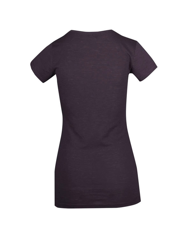 A dark grey women's V-neck T-shirt with a fitted design and short sleeves, featuring a logo.