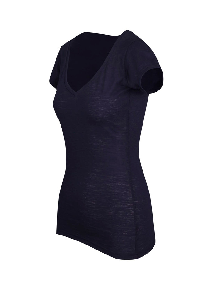 A navy blue women's raw cotton wave V neck t-shirt with short sleeves and a fitted design.