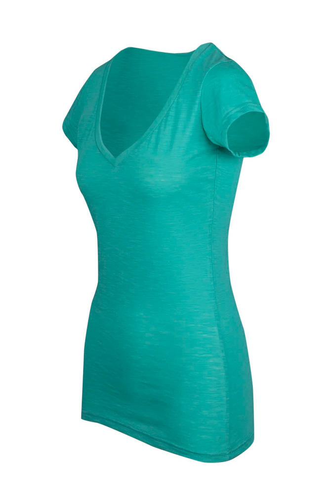 A women's raw cotton wave V-neck T-shirt in a soft teal colour, featuring a fitted silhouette and short sleeves.