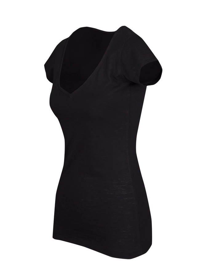 A black women's raw cotton wave V-neck t-shirt with short sleeves, featuring a relaxed fit and a subtle texture.