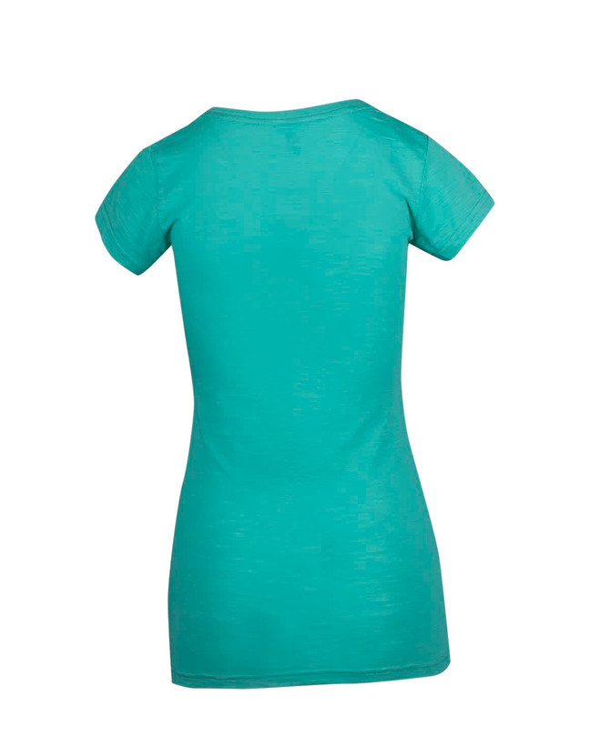 A women's raw cotton t-shirt in a teal colour, featuring a wave V-neck and a fitted design.