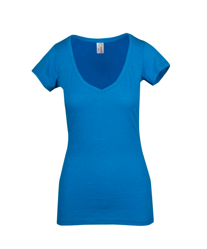 A women's blue raw cotton wave V-neck t-shirt with short sleeves and a fitted shape. It has a branding logo.