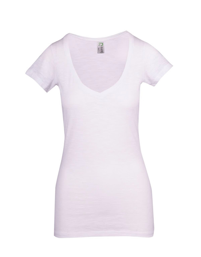 A white women's raw cotton wave V-neck T-shirt with short sleeves and a fitted silhouette. Features a logo tag.