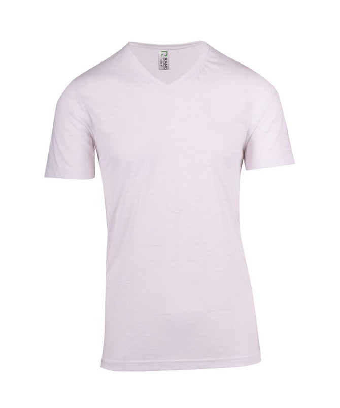 A white unisex raw cotton wave v-neck t-shirt on a plain background, featuring a subtle logo.