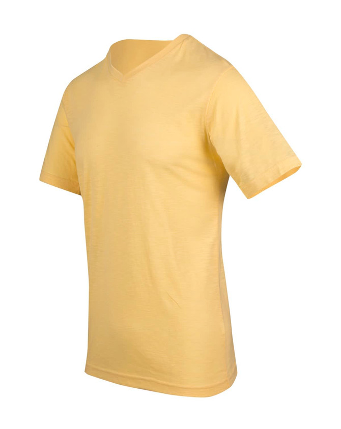A yellow unisex raw cotton V-neck T-shirt featuring short sleeves and a subtle logo.