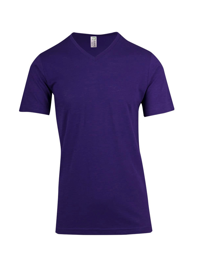 A unisex raw cotton V-neck T-shirt in a rich purple colour, featuring short sleeves and a simple design.