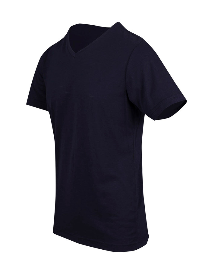 Men's unisex raw cotton wave V-neck T-shirt in a dark navy colour, featuring a simple design and a logo.