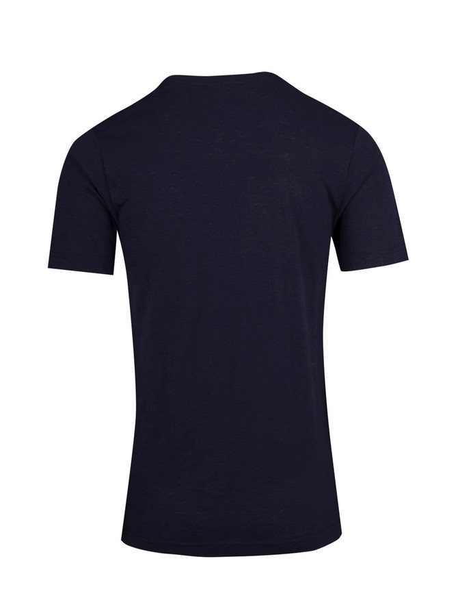 A navy blue unisex raw cotton V-neck T-shirt featuring a minimalist design and a logo on the back.