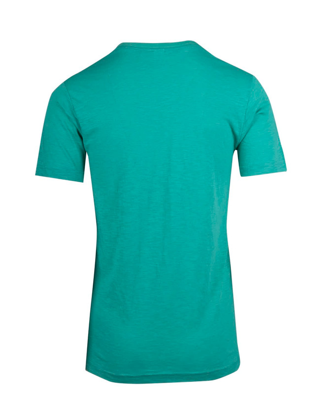 A men's unisex raw cotton wave V-neck T-shirt in teal, featuring a plain design with no visible logos.