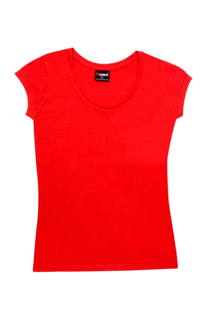 A red women's jersey scoop neck T-shirt with cap sleeves and a branded label inside.