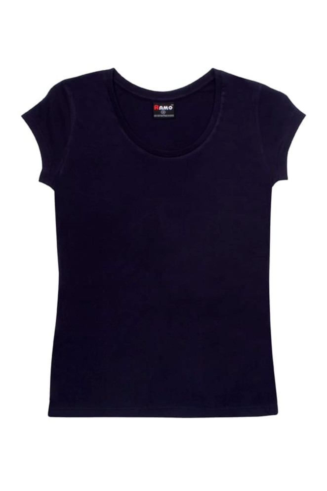 A navy women's jersey scoop neck T-shirt with short sleeves and a fitted design. Features a branding logo.