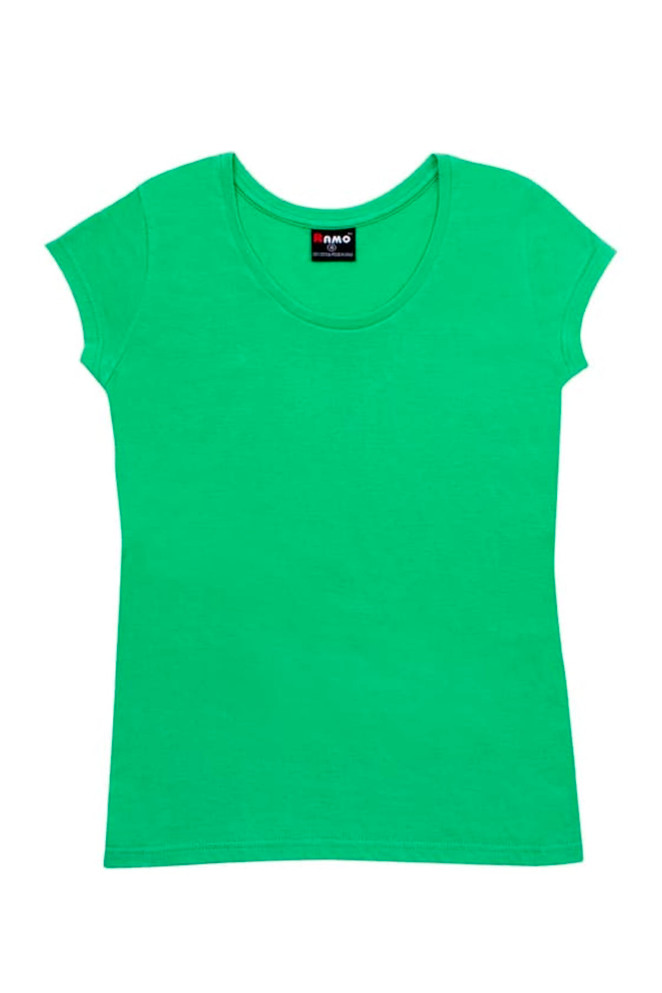 A green women's jersey scoop neck T-shirt featuring short sleeves and a tag with a logo.