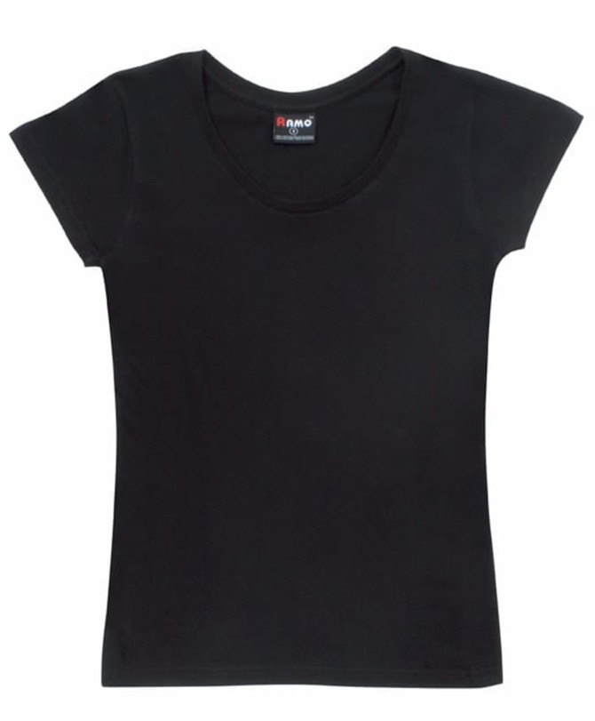 A black women's jersey scoop neck T-shirt laid flat, featuring short sleeves and a label at the neckline.