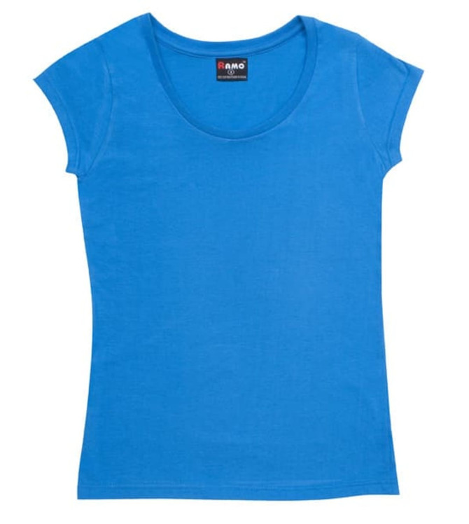 A blue women's jersey scoop neck T-shirt featuring short sleeves and a fitted design. Includes a logo on the neckline.