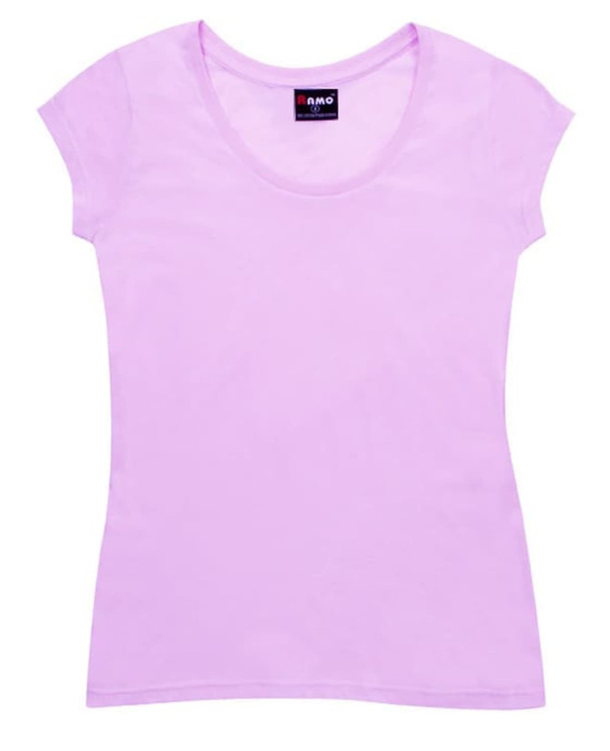 A women's jersey scoop neck t-shirt in a soft lavender colour, featuring short sleeves and a logo on the inside label.