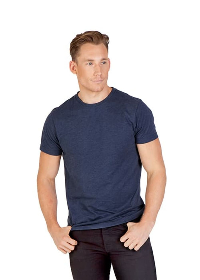 A men's unisex marl crew neck T-shirt in a navy blue colour, featuring a logo.
