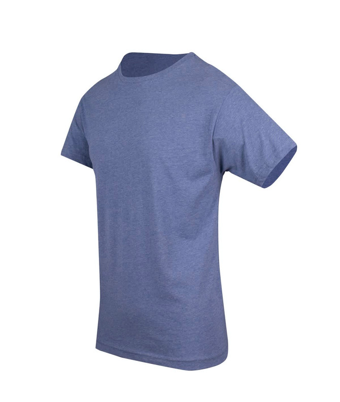 A blue marl crew neck T-shirt with short sleeves and a simple design. Features a logo on the side.