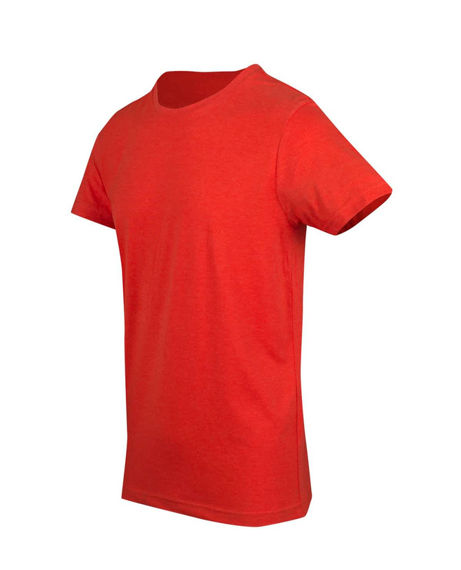 A red marl crew neck T-shirt with short sleeves, featuring a simple design and a logo on the front.