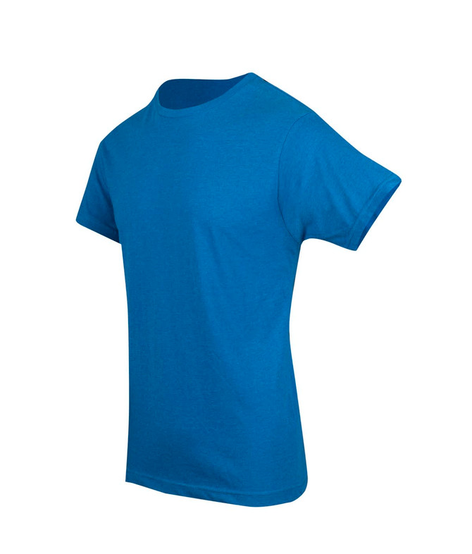 A blue marl crew neck T-shirt featuring short sleeves and a plain design. It also has a logo on the front.
