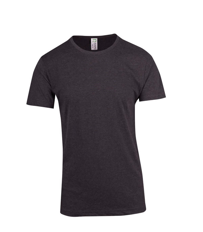 A dark grey crew neck T-shirt with short sleeves, featuring a branding label inside the collar.