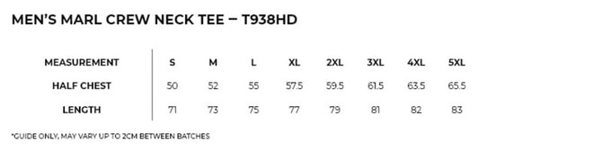 A size chart for the Men's / Unisex Marl Crew Neck T-shirt, featuring measurements for various sizes.
