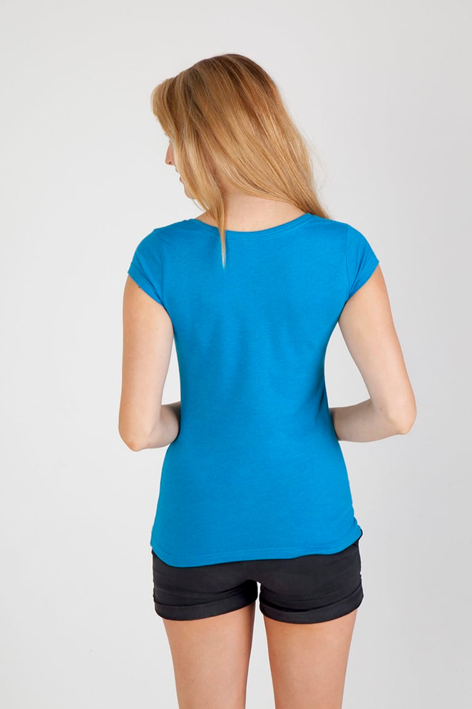 A blue women's scoop neck T-shirt displayed from the back, paired with black shorts. The shirt features short sleeves and a fitted design.