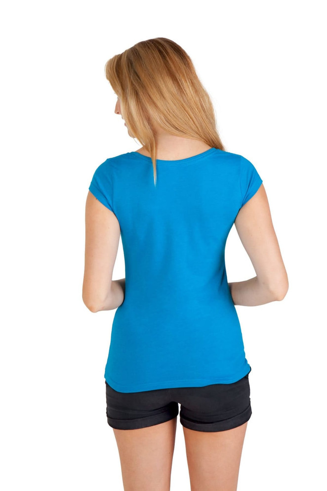 A women's scoop neck t-shirt in vibrant blue, featuring a fitted design and short sleeves, with a logo on the back.