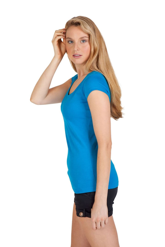 A women's scoop neck T-shirt in blue, featuring a fitted design and short sleeves, worn with black shorts.