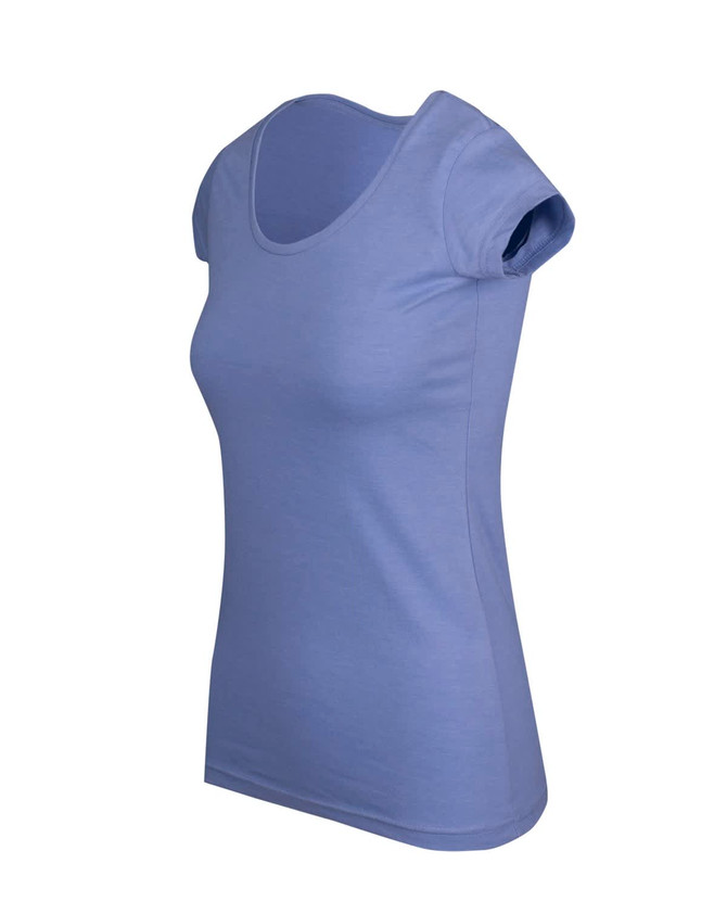 A women's scoop neck t-shirt in light blue, featuring short sleeves and a fitted design. It has a small logo.