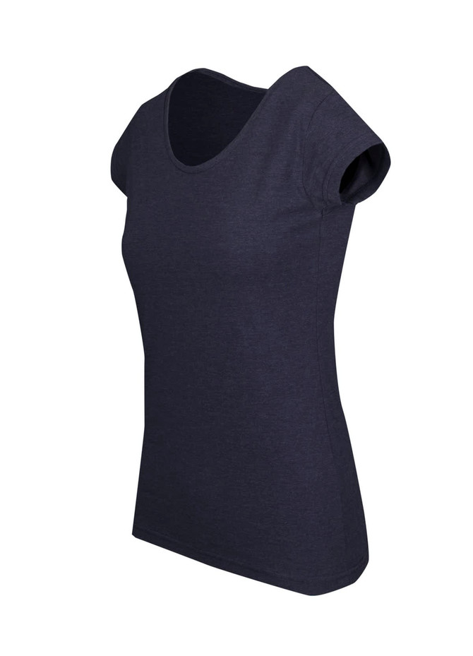 A navy blue women's marl scoop neck T-shirt with short sleeves and a fitted silhouette. It features a logo on the side.