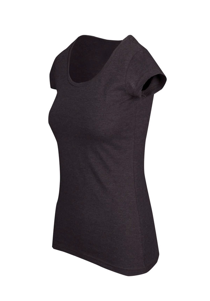A dark grey women's scoop neck T-shirt with short sleeves and a fitted shape, featuring a logo.