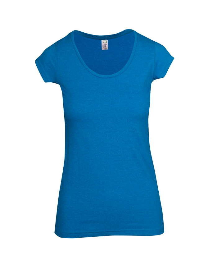 A blue women's marl scoop neck t-shirt with short sleeves and a fitted design. It has a logo on the label.