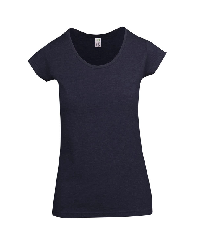 A women's scoop neck t-shirt in dark grey with short sleeves and a fitted design. Features a logo.