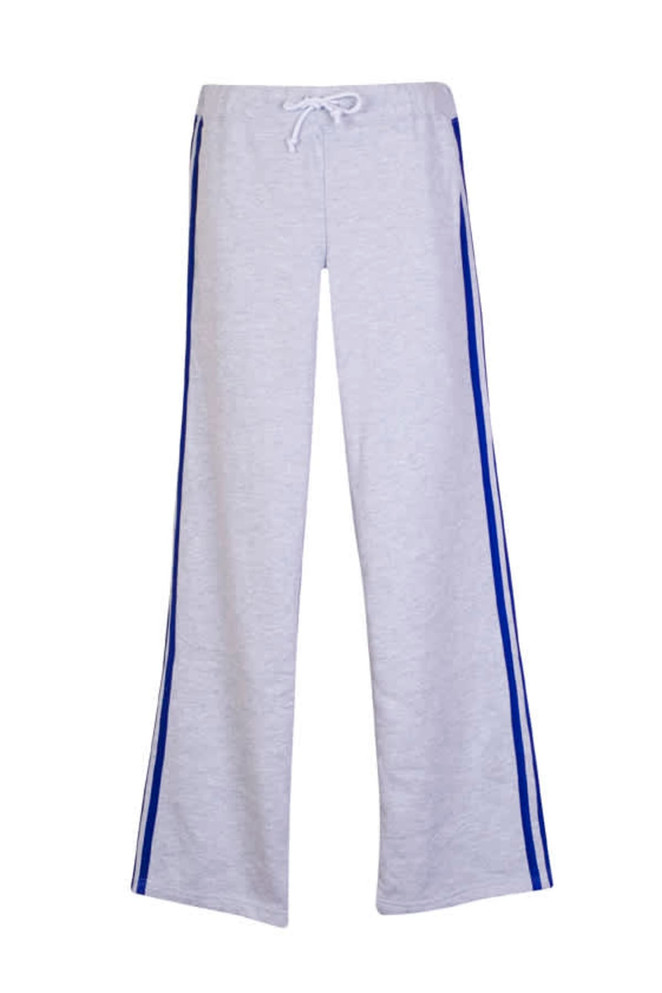 A pair of grey women's striped track pants with blue side stripes and a drawstring waist.