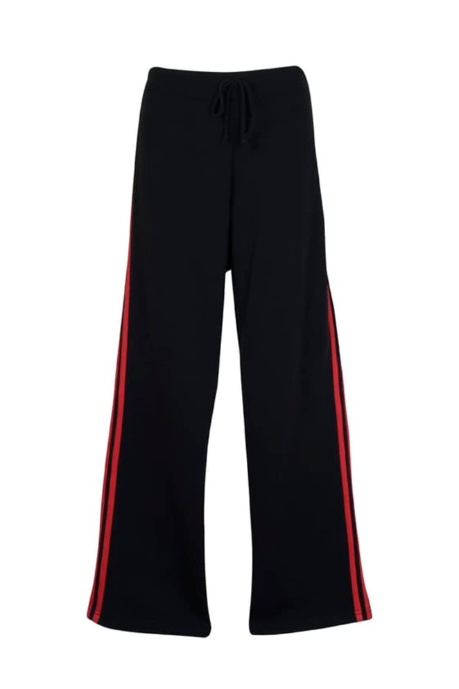 Black track pants with red stripes down the sides, featuring an elastic waistband and drawstring.