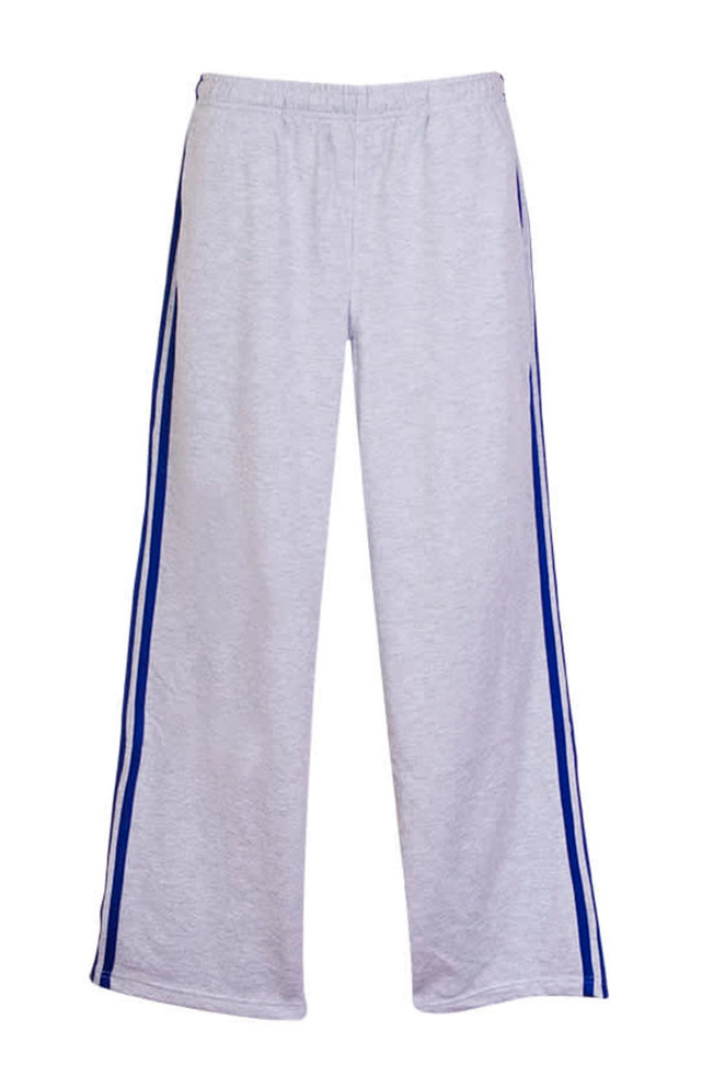 A pair of grey men's track pants featuring blue stripes along the sides and an elastic waistband.