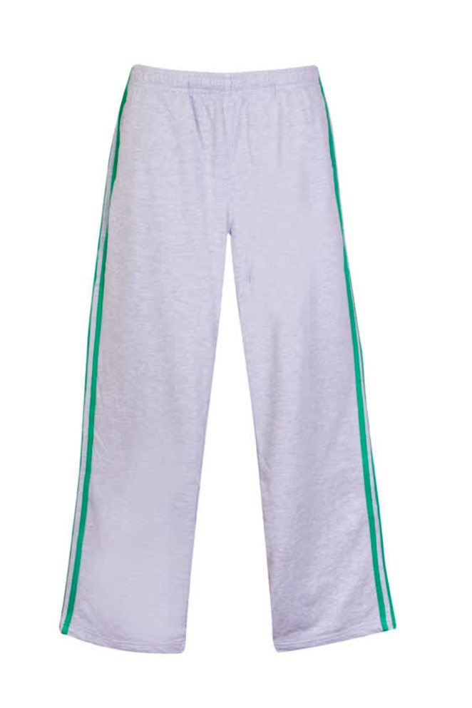 Men's track pants in light grey with green side stripes, featuring an elastic waistband and a casual fit.