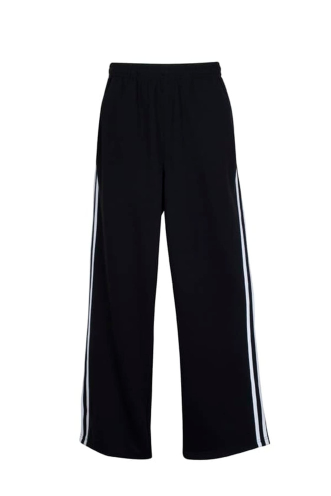 Black striped track pants featuring white side stripes and an elastic waistband. Includes a logo.