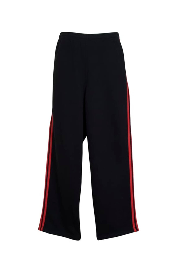 Black striped track pants with red side stripes, featuring an elastic waistband and a logo.