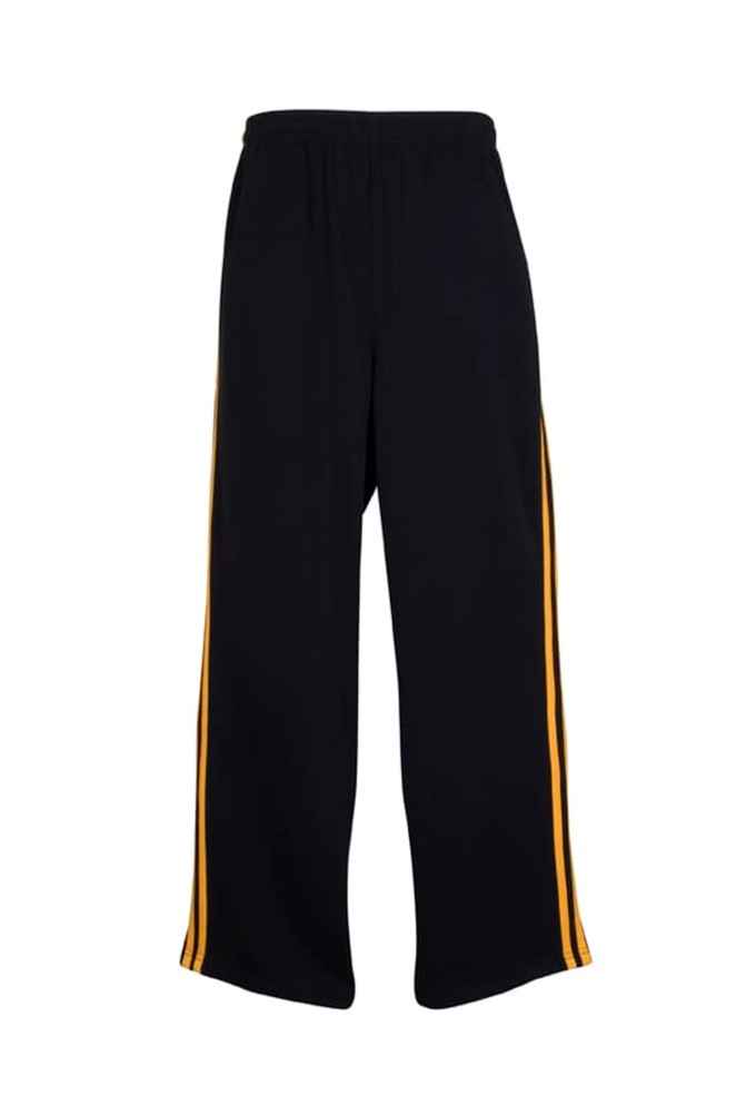 Black track pants featuring yellow side stripes and an elasticised waistband. The pants have a logo on them.