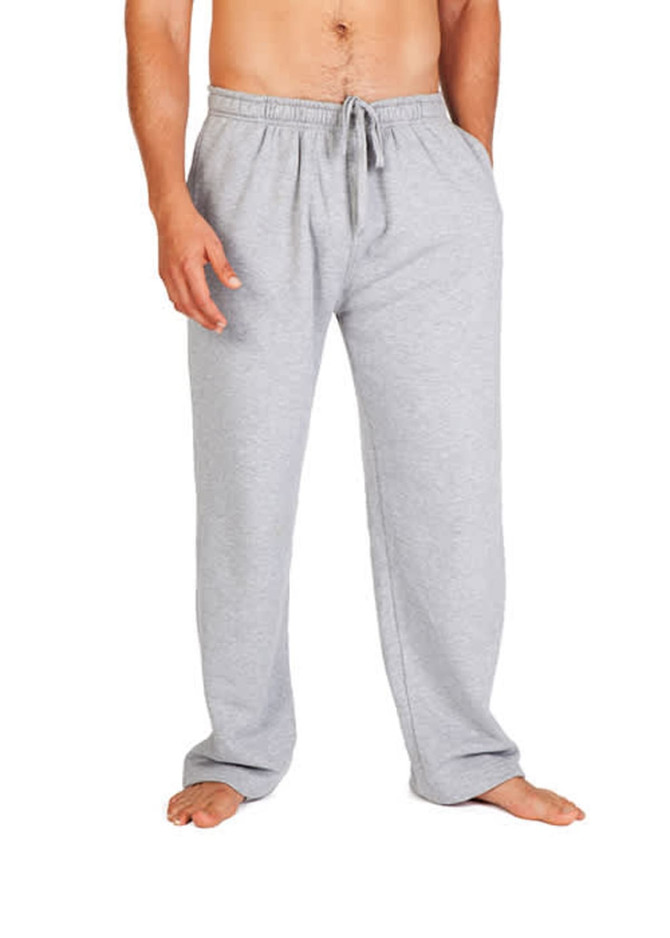 Grey men's fleece track pants with an elastic waistband and pockets, featuring a logo.