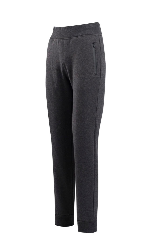 Brushed fleece women's track pants in dark grey, featuring a zip pocket and a fitted design.