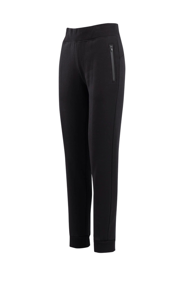 Black brushed fleece track pants with a fitted style and zippered side pocket. Features a logo on the waistband.