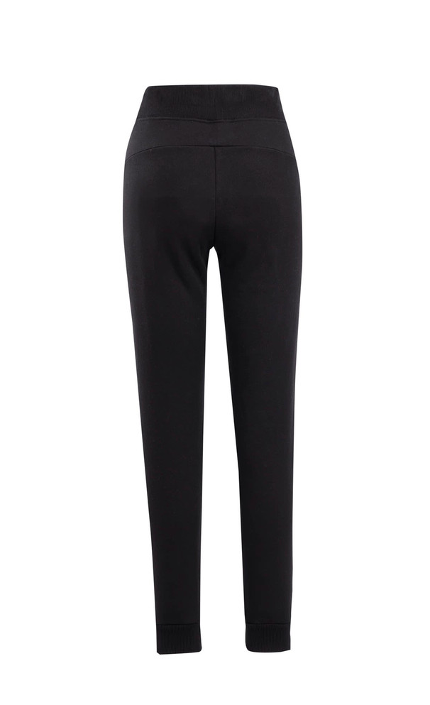 Black women's track pants with a fitted design and banded cuffs. Features a logo on the waistband.