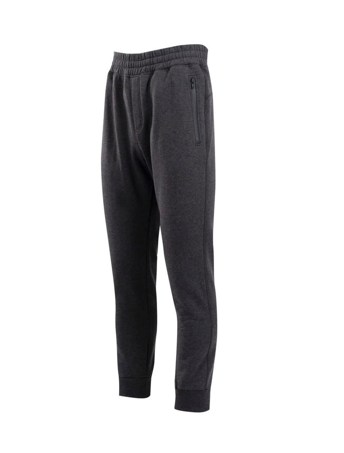 Brushed fleece track pants in dark grey with an elastic waistband and pockets, featuring a logo.