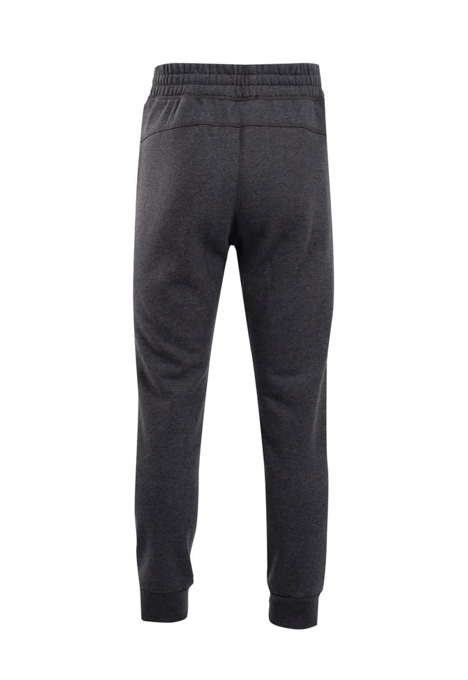 Brushed fleece track pants in dark grey, featuring an elastic waistband and cuffed ankles. Includes branding.
