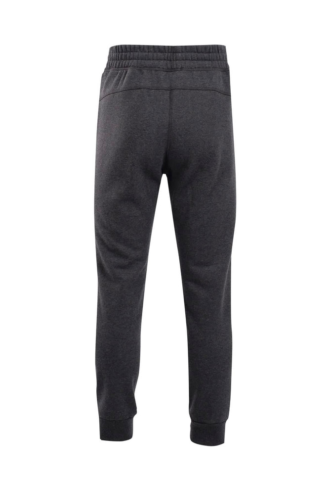 Brushed fleece track pants in dark grey, featuring an elastic waistband and cuffed ankles. Includes branding.